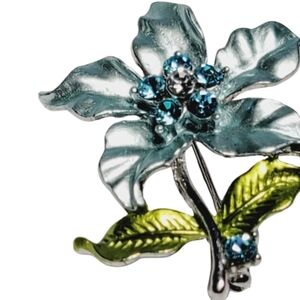 Vintage Blue Green Enamel Flower Brooch Blue Rhinestone Floral Pin